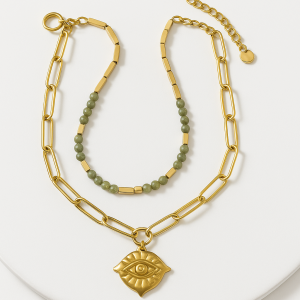 Pulsera con piedra Jade y acero con ojo turco