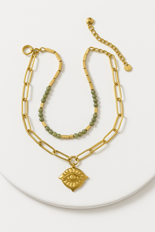 Pulsera con piedra Jade y acero con ojo turco