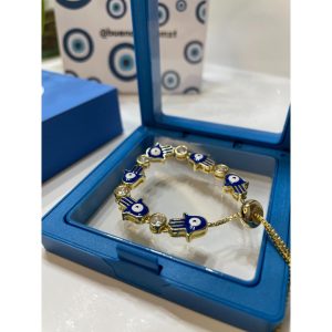 Pulsera cadena deslizante mano fátima azul