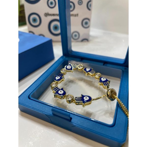 Pulsera cadena deslizante mano fátima azul